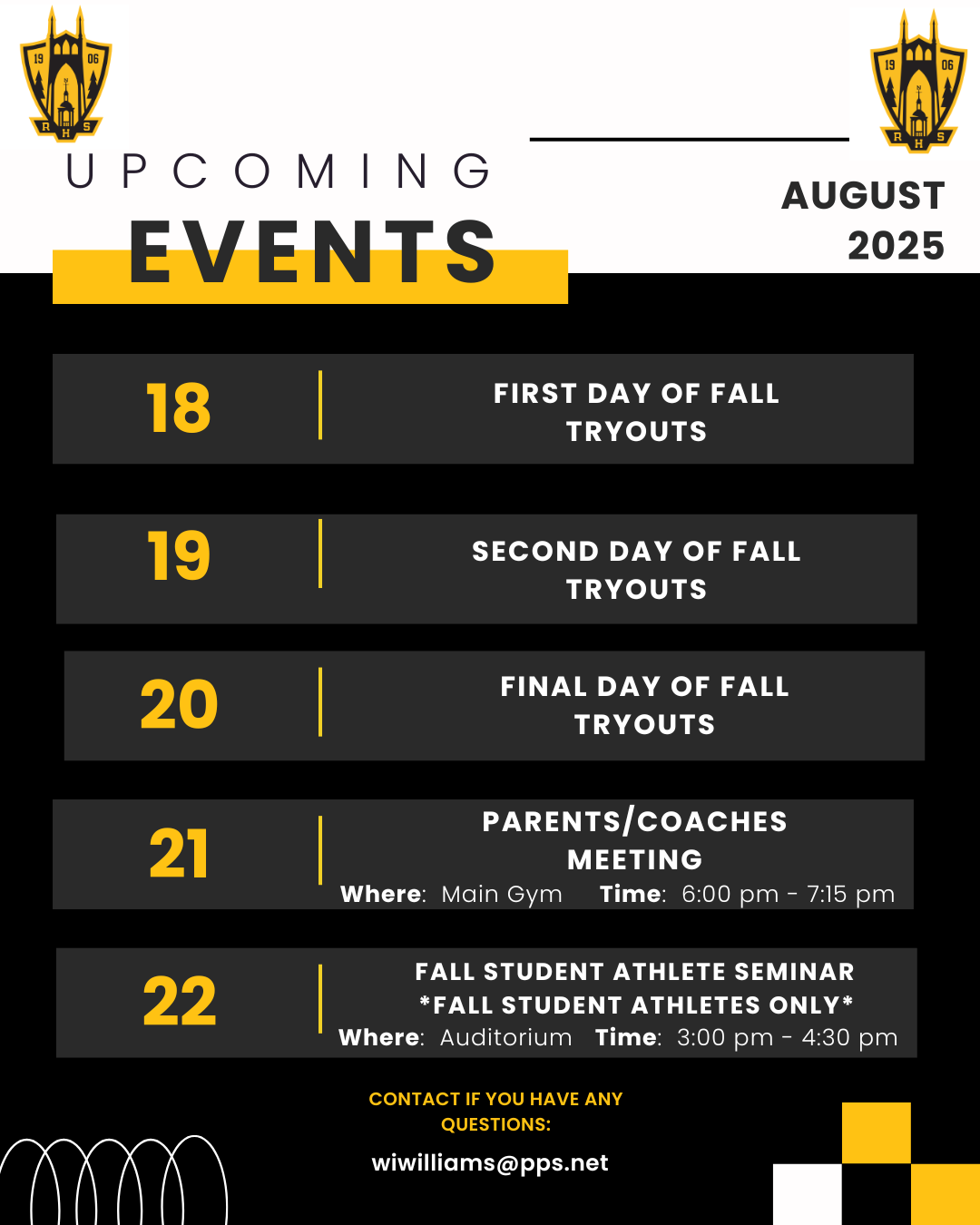 Image contains calendar dates from August 18-22 with fall sports information.